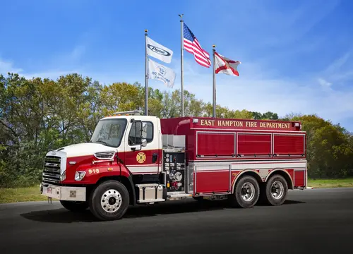 Pierce tanker side profile showing pump panel, hose connections, and tank body
